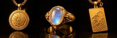 金のメダルのペンダント、青い石の金の指輪、波模様の金の板