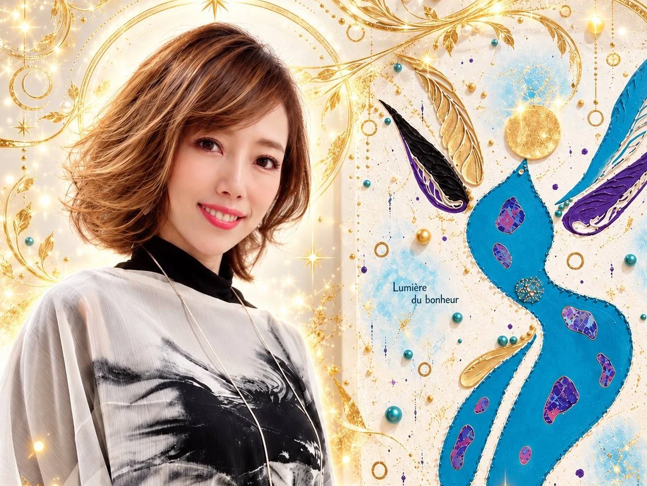自作の絵画の横に立つ菊矢 明美